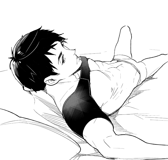 10s 1boy abs bed_sheet black_hair boxers clothes_lift free! greyscale groin looking_at_viewer male_focus male_underwear megumi-square monochrome parted_lips pillow shirt shirt_lift solo t-shirt underwear yamazaki_sousuke