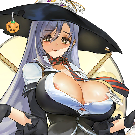 1girl @_@ areola_slip black_gloves black_vest breasts character_name circe_(last_origin) cleavage covered_erect_nipples eyelashes female_focus game_cg gloves green_eyes grey_hair hair_between_eyes hat high_collar huge_breasts id_card last_origin long_hair long_sleeves looking_at_viewer necktie official_art open_clothes open_mouth open_shirt pumpkin pumpkin_ornament rorobomb shirt smile tight_clothes transparent_background unbuttoned unbuttoned_shirt upper_body vest white_shirt wide_sleeves witch witch_hat