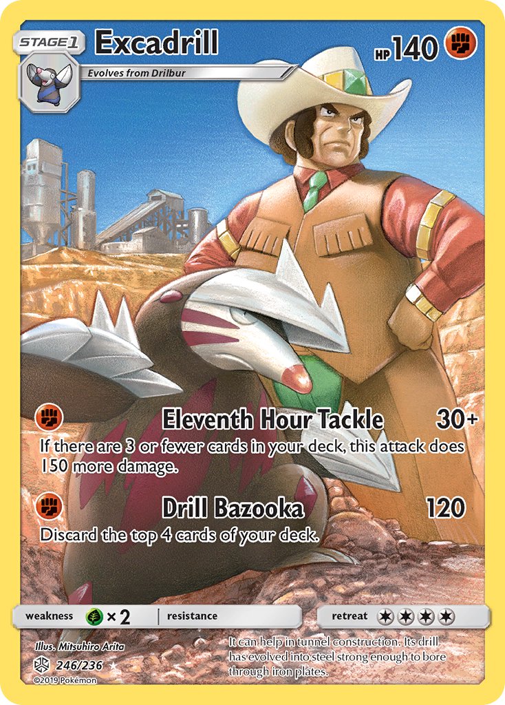 arita_mitsuhiro artist_name blue_sky brown_hair brown_pants brown_vest building card_(medium) character_name claws clay_(pokemon) closed_mouth company_name copyright_name copyright_notice cowboy_hat day dirt drilbur english_text excadrill gen_5_pokemon green_necktie hands_on_own_hips hat necktie nintendo official_art outdoors pants pokemon pokemon_(creature) pokemon_bw pokemon_card pokemon_tcg red_shirt shirt short_hair skirt sky standing third-party_source trading_card v-shaped_eyebrows vest white_hat