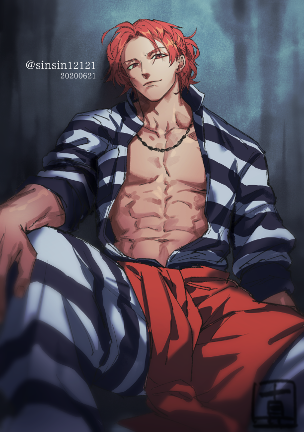 1boy abs against_wall closed_mouth dated luchino_gregoretti lucky_dog_1 male_focus muscular open_clothes open_shirt prison_clothes red_eyes red_hair signature sinsin12121 sitting solo striped twitter_username