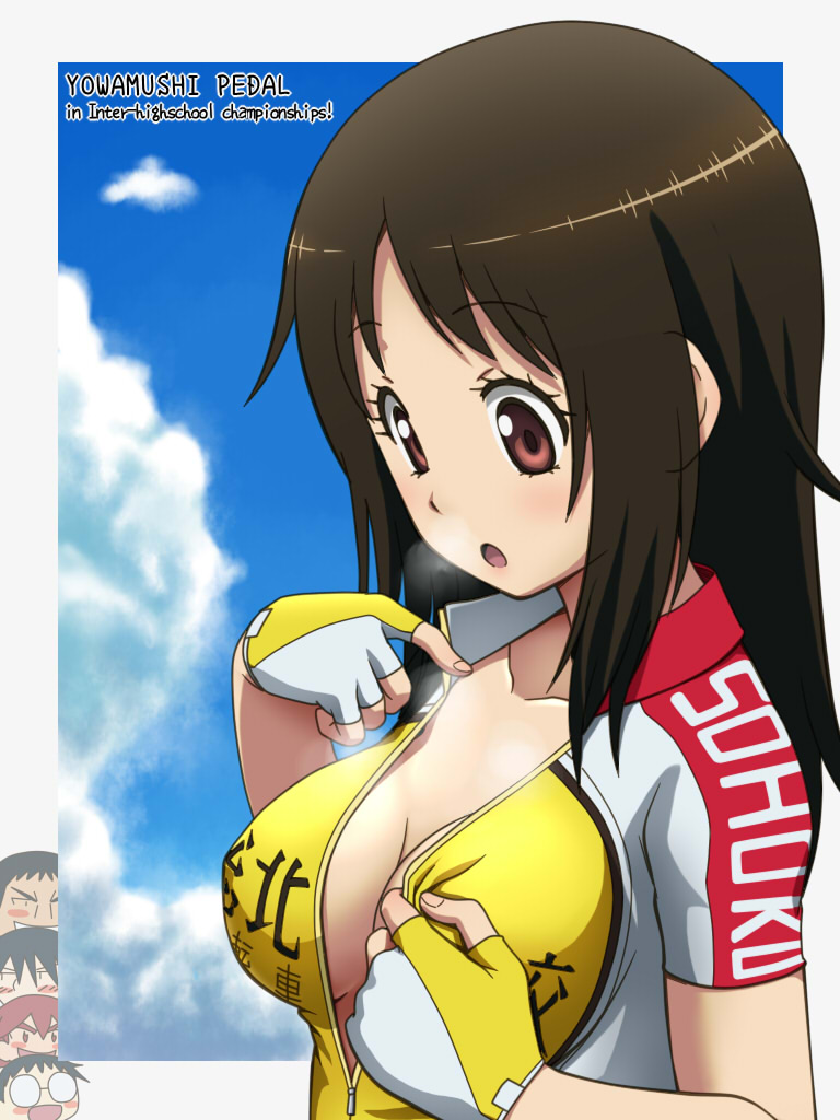1girl 4boys awa bike_jersey blue_sky breasts breath brown_eyes brown_hair cleavage cloud copyright_name covered_erect_nipples day female_focus fingerless_gloves gloves imaizumi_shunsuke kanzaki_miki long_hair medium_breasts multiple_boys naruko_shoukichi onoda_sakamichi open_mouth skin_tight sky solo tadokoro_jin unzipped yowamushi_pedal