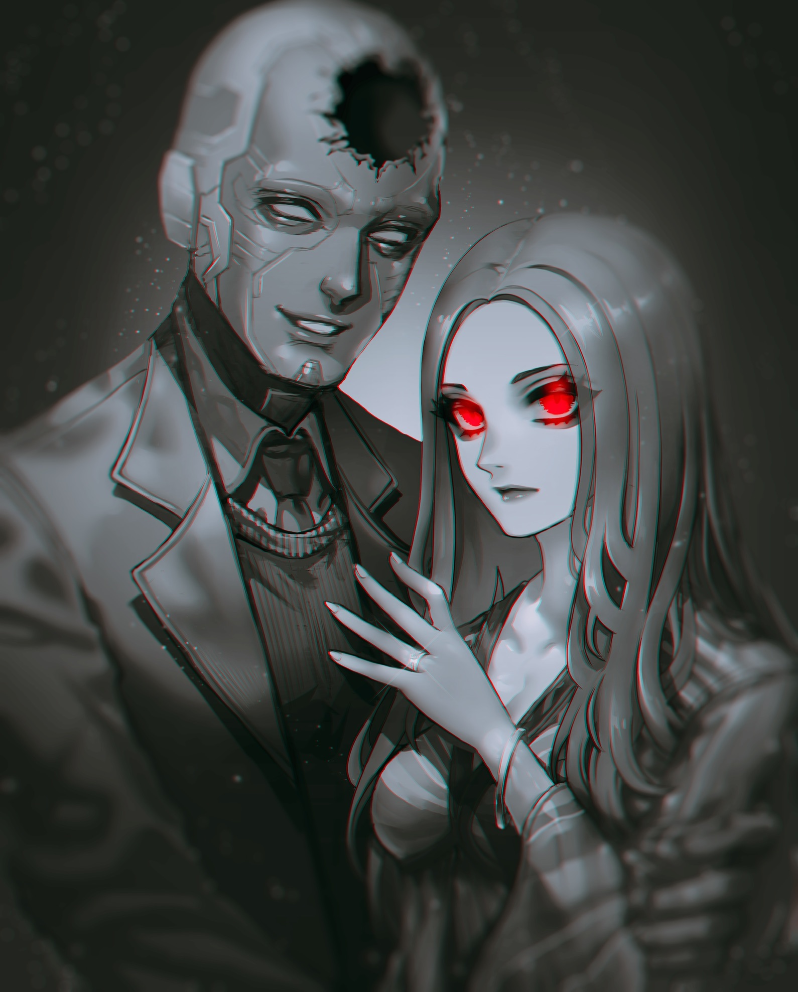 1boy 1girl animification bangle bracelet breasts closed_mouth collared_jacket collared_shirt commentary_request dress fingernails greyscale hand_up highres jacket jewelry jigenn lips long_fingernails long_hair long_sleeves looking_at_viewer marvel marvel_cinematic_universe medium_breasts monochrome necktie open_clothes open_jacket red_eyes scarlet_witch shirt smile spoilers teeth vest vision_(marvel) wanda_maximoff wandavision wide_sleeves