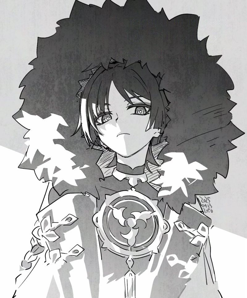 1boy aiguillette apollo_hotori blunt_ends closed_mouth coat covered_collarbone dated expressionless eyeliner eyeshadow fatui_coat fur_hood genshin_impact greyscale hood hood_up jewelry lapels looking_at_viewer makeup male_focus mandarin_collar mitsudomoe_(shape) monochrome neck_ring open_clothes open_coat scaramouche_(genshin_impact) solo tomoe_(symbol) tsurime upper_body