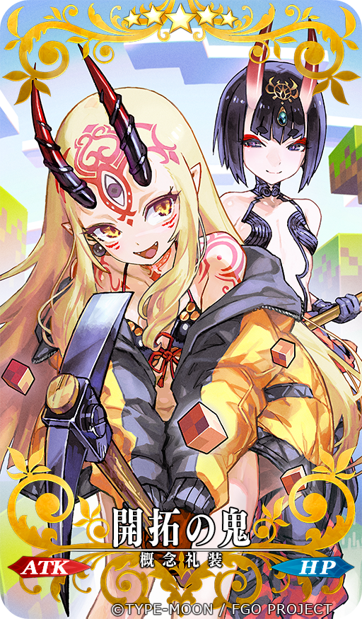 2girls bikini blonde_hair body_markings breasts commentary_request craft_essence_(fate) facial_mark fangs fate/grand_order fate_(series) gloves horns ibaraki_douji_(fate) ibaraki_douji_(swimsuit_lancer)_(fate) ibaraki_douji_(swimsuit_lancer)_(first_ascension)_(fate) jacket jnt long_hair looking_at_viewer minecraft multiple_girls official_art oni open_clothes open_jacket pickaxe pointy_ears purple_eyes purple_hair short_hair shuten_douji_(fate) skin-covered_horns small_breasts smile swimsuit yellow_eyes