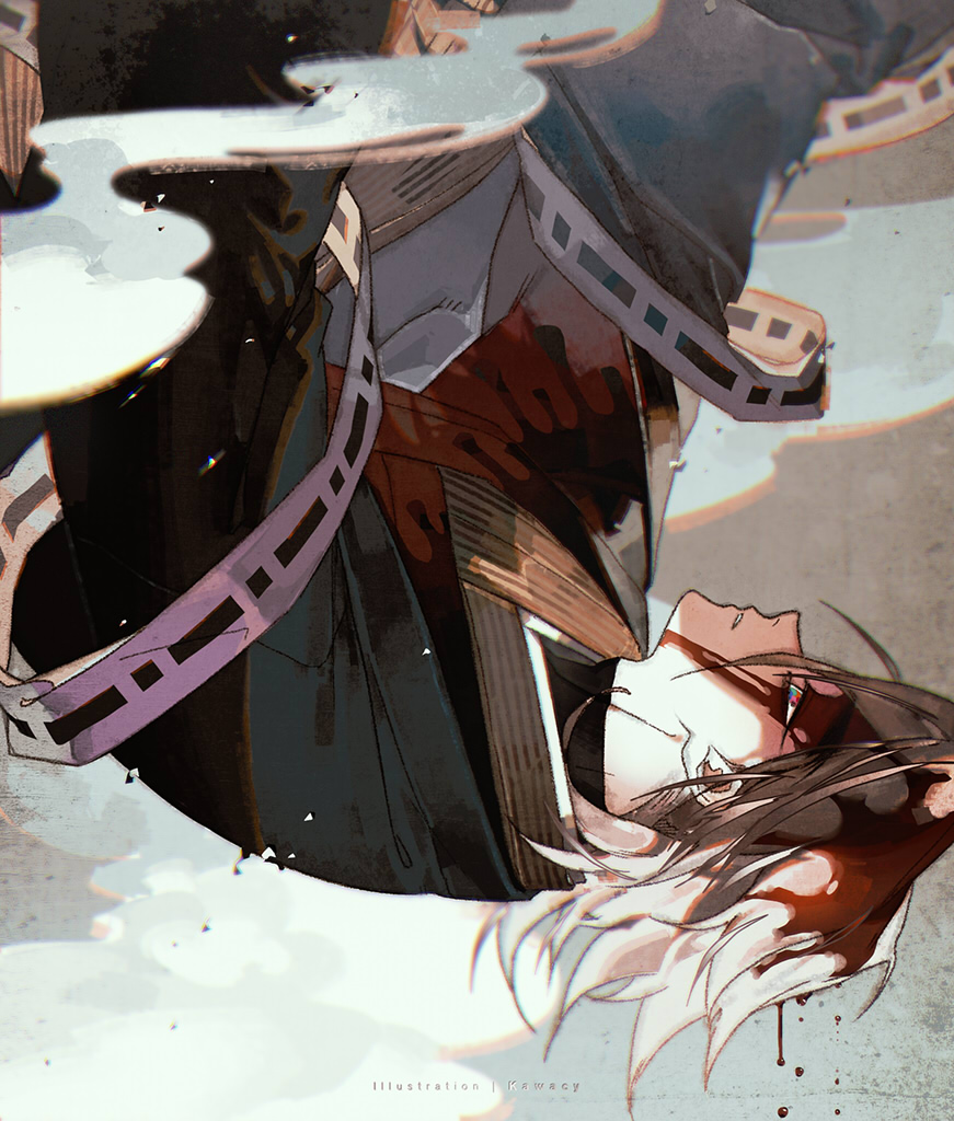 1boy artist_name black_jacket blood blood_in_hair blood_on_face brown_hair clenched_teeth douma_(kimetsu_no_yaiba) from_side hair_between_eyes haori jacket japanese_clothes kawacy kimetsu_no_yaiba kimono long_sleeves looking_down male_focus orange_eyes parted_lips red_kimono short_hair sidelocks smoke smoke_trail solo teeth upper_body upside-down watermark wide_sleeves