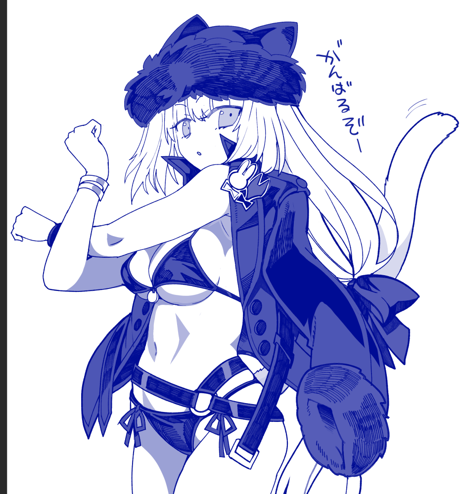 1girl animal_ears bikini breasts cat_ears cat_tail coat coat_on_shoulders cowboy_shot dobrynya_nikitich_(fate) dobrynya_nikitich_(swimsuit_lancer)_(fate) dobrynya_nikitich_(swimsuit_lancer)_(first_ascension)_(fate) fate/grand_order fate_(series) fur_hat hat long_hair monochrome navel robina stretching swimsuit tail white_background