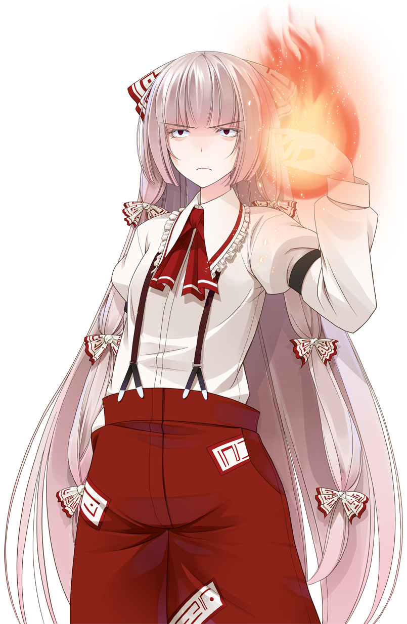 1girl angry bow crote embellished_costume eyelashes female_focus fire frills fujiwara_no_mokou hair_bow hands_in_pockets highres long_hair looking_at_viewer red_eyes silver_hair smile solo suspenders touhou transparent_background very_long_hair