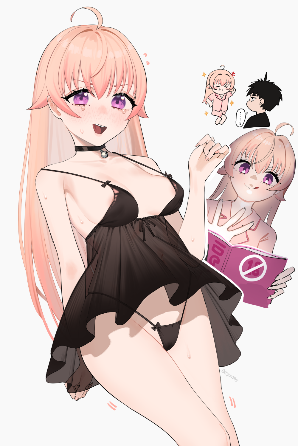 1boy 1girl ahoge anger_vein arm_behind_back babydoll beijuu bell black_babydoll black_panties book breasts chinese_commentary commentary_request highres holding holding_book jingle_bell long_hair looking_at_viewer medium_breasts multiple_views neck_bell open_mouth otogi_morihito pajamas panties pink_hair pink_pajamas pink_shirt pink_shorts purple_eyes shirt shorts simple_background smile sparkle string_panties sweat teeth tongue tongue_out underwear upper_teeth_only wakatsuki_niko white_background witch_watch