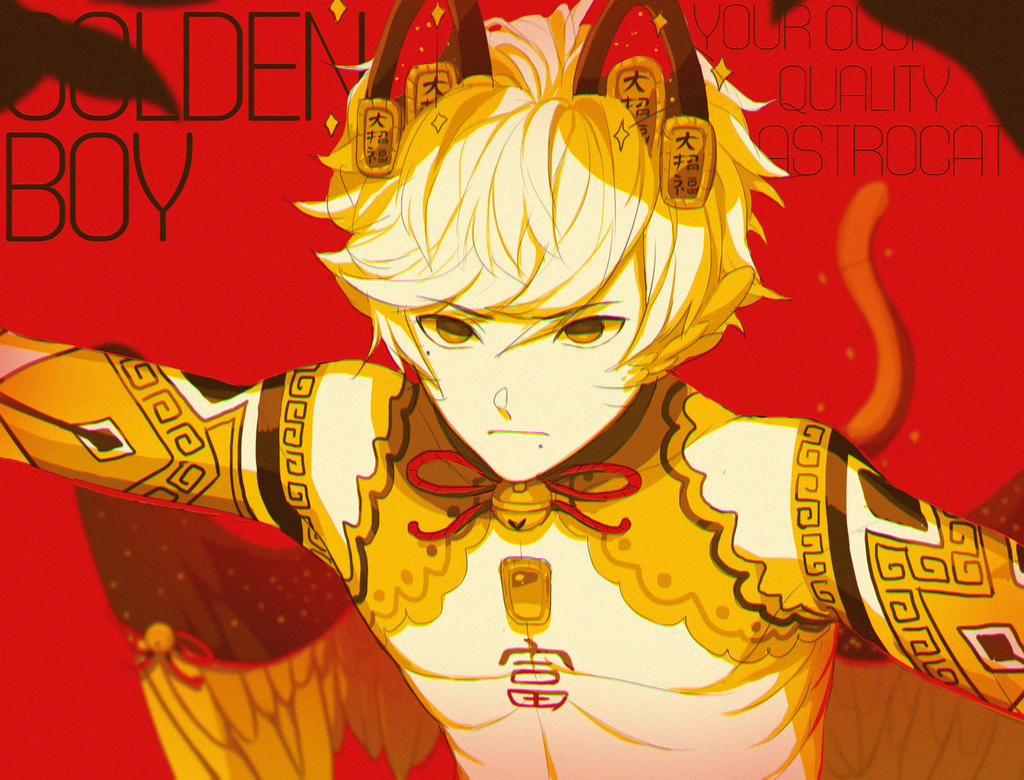 1boy animal_ears artist_name astrocatsama bare_pectorals bell bird_ears bird_wings black_wings cat_ears cat_tail closed_mouth commission empty_eyes english_text facial_mark feathered_wings hair_ornament light_frown looking_at_viewer male_focus maneki-neko mole mole_under_eye mole_under_mouth neck_bell neck_ribbon original outstretched_arms pectorals personification red_background red_ribbon ribbon short_hair simple_background solo sparkle tail topless_male two-tone_wings upper_body whisker_markings white_hair wings yellow_eyes yellow_wings