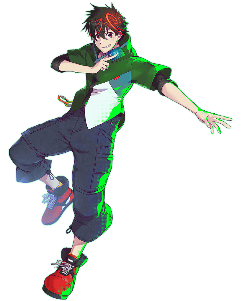 1boy black_hair blue_pants brown_eyes card digimon digimon_card_game digimon_liberator full_body green_jacket holding holding_card jacket kazama_shoto male_focus multicolored_hair official_art pants red_hair short_hair simple_background smirk solo streaked_hair trading_card transparent_background white_jacket
