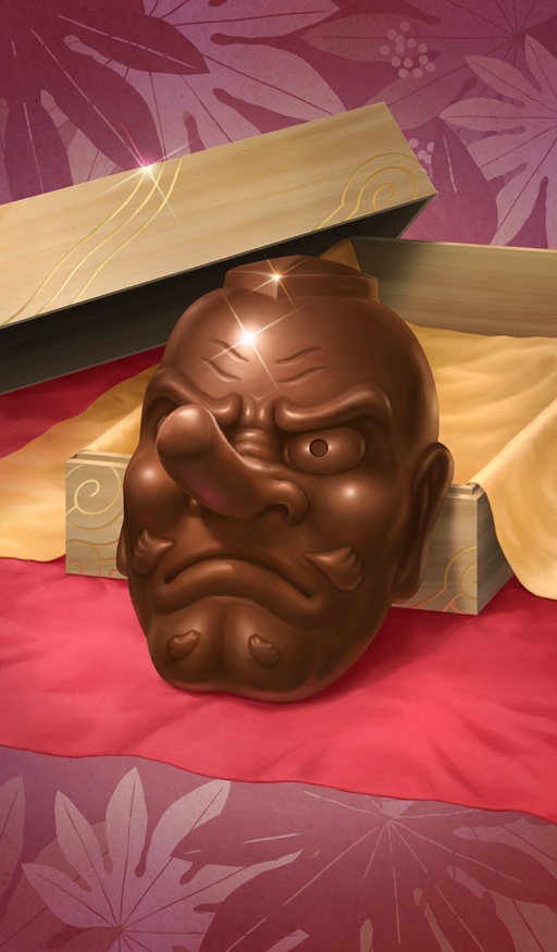 candy chocolate commentary diffraction_spikes fate/grand_order fate_(series) food food_art food_focus glint kuroiwa_enu leaf leaf_background lid mask no_humans official_art open_box red_background still_life tengu_mask third-party_source