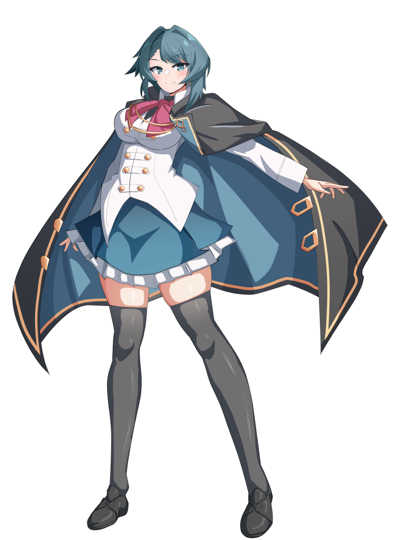 1girl aizawa_kazuha arm_at_side assault_lily asymmetrical_hair black_cape black_shoes black_thighhighs blue_cape blue_eyes blue_hair blue_skirt blush bow bowtie breasts cape closed_mouth commentary frilled_skirt frills full_body hand_up herensuge_girls_academy_school_uniform ishitsuma_canon jacket large_breasts loafers long_sleeves looking_at_viewer medium_hair miniskirt official_alternate_costume outstretched_arm red_bow red_bowtie school_uniform shoes simple_background skirt smile solo standing thighhighs two-sided_cape two-sided_fabric white_background white_jacket zettai_ryouiki
