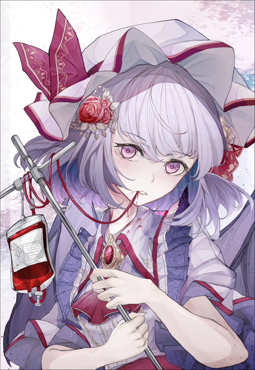 1girl alternate_costume alternate_eye_color ascot bat_wings blood blood_bag brooch collared_dress dress drinking_blood fasuka flower frilled_dress frills hair_flower hair_ornament hat hat_ribbon highres holding intravenous_drip iv_stand jewelry looking_at_viewer mob_cap pink_eyes puffy_short_sleeves puffy_sleeves red_ascot red_ribbon remilia_scarlet ribbon rose short_sleeves solo touhou upper_body wings