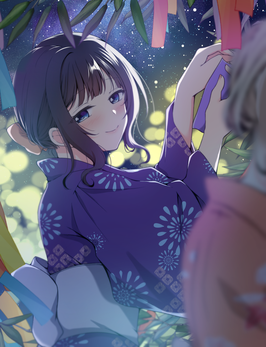 2girls asaka_karin bamboo blonde_hair blue_eyes blue_hair blue_kimono blunt_bangs blurry blurry_foreground blush commentary_request diverdiva holding holding_tanzaku japanese_clothes kimono kuroda_roku_(345) long_sleeves looking_at_another love_live! love_live!_nijigasaki_high_school_idol_club miyashita_ai multiple_girls night night_sky obi print_kimono sash short_hair sidelocks sky smile star_(sky) starry_sky tanabata tanzaku yukata yuri