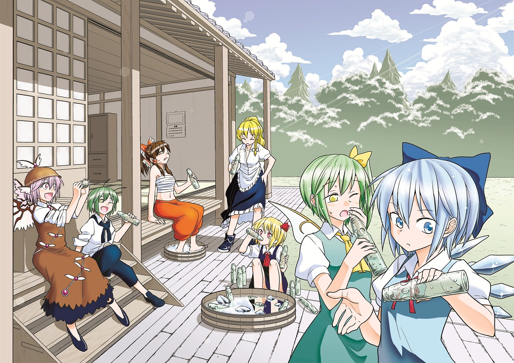 6+girls animal_ears apron ascot bird_wings blonde_hair blue_eyes blue_hair blush bottle bow braid brown_hair cirno closed_eyes cloud daiyousei day detached_wings drinking fairy_wings fuuzasa green_eyes green_hair hair_bow hair_ribbon hair_tubes hakurei_reimu hat ice ice_wings kirisame_marisa long_hair multiple_girls mystia_lorelei navel one_eye_closed open_mouth outdoors pink_eyes pink_hair ponytail puffy_sleeves ramune red_eyes ribbon rumia sarashi short_hair short_sleeves side_braid side_ponytail single_braid sitting sky soaking_feet summer sweatdrop team_9_(touhou) touhou tree tub veranda water wings wink wriggle_nightbug yellow_eyes zabaniya