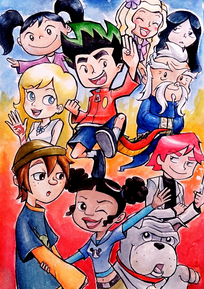 4boys 5girls american_dragon_jake_long animal_ears arthur_spudinski asian belt birthmark black_eyes black_hair black_shirt blonde_hair blue_eyes blue_shirt brother_and_sister dark-skinned_female dark_skin disney disney dog dog_ears double_bun dragon_boy dragon_tail flower fu_dog_(character) green_hair hair_bun haley_long happy hat highres jacket jake_long jewelry jumping multiple_boys multiple_girls necklace nigel_thrall open_mouth pants pink_shirt red_hair red_jacket rose rose_(huntsgirl) shirt shoes short_pants shorts siblings socks tagme tail trixie_carter united_kingdom