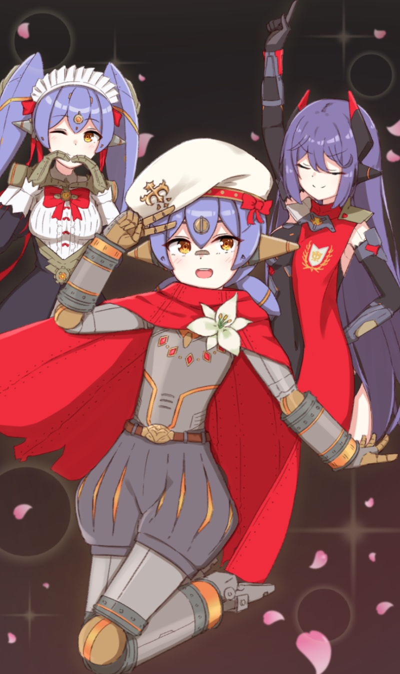 3girls :d android beret black_leotard breasts cape chirun0 closed_eyes closed_mouth dancing full_body hair_between_eyes hat heart heart_hands highres jumping leotard medium_breasts multiple_girls one_eye_closed open_mouth orange_eyes poppi_(xenoblade) poppi_alpha_(xenoblade) poppi_qt_(xenoblade) poppi_qtpi_(xenoblade) puffy_shorts purple_hair red_cape robot_ears shorts smile v white_hat xenoblade_chronicles_(series) xenoblade_chronicles_2