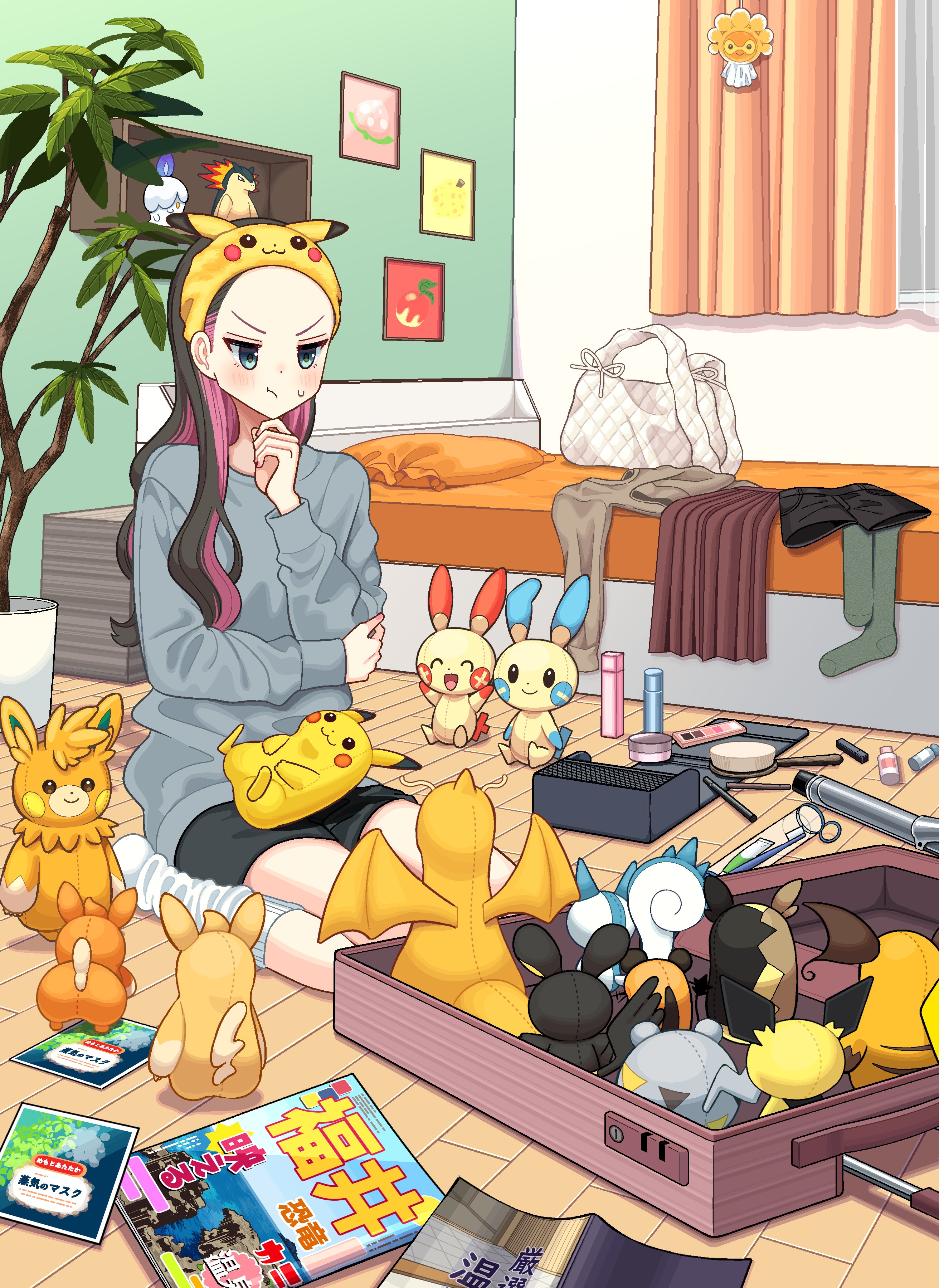 1girl absurdres bag bed bedroom black_hair blue_eyes book character_doll dedenne doll dragonite emolga gen_1_pokemon gen_2_pokemon gen_3_pokemon gen_4_pokemon gen_5_pokemon gen_6_pokemon gen_7_pokemon gen_8_pokemon hair_ornament hairband highres indoors long_hair long_sleeves minun momeox2 morpeko morpeko_(full) multicolored_hair nintendo original pachirisu pawmi pawmo pawmot pichu pikachu plusle pokemon purple_hair raichu skirt socks solo stuffed_animal stuffed_toy sweater togedemaru two-tone_hair v-shaped_eyebrows window