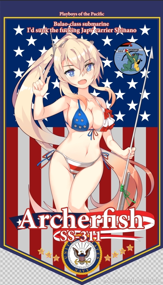 1girl american_flag archerfish_(warship_girls_r) bikini blonde_hair blue_eyes blue_pupils buxiuhongxingshe_jintiantuopinlema english_text fang flag_background high_ponytail long_hair looking_at_viewer open_mouth panties ponytail profanity side_ponytail smile solo star-shaped_pupils star_(symbol) striped_clothes striped_panties swimsuit symbol-shaped_pupils underwear warship_girls_r watermark weibo_watermark