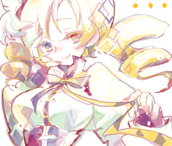 1girl bad_drawr_id bad_id beret black_eyes blonde_hair bow bowtie breasts closed_mouth corset diamond_(shape) drill_hair fingerless_gloves gloves hair_ornament hand_on_own_face hat heterochromia large_breasts long_sleeves looking_at_viewer magical_girl mahou_shoujo_madoka_magica mahou_shoujo_madoka_magica_(anime) nsm888 oekaki pink_nails ribbon smile solo tegaki tomoe_mami tomoe_mami_(magical_girl) twin_drills twintails upper_body yellow_eyes
