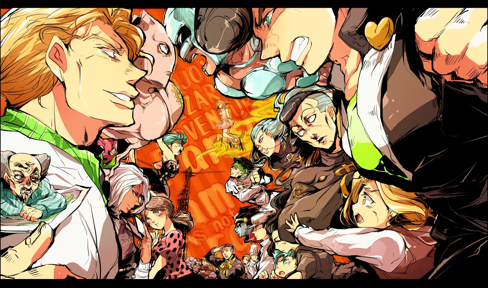 3girls 6+boys colorized crazy_diamond diamond_wa_kudakenai everyone fungami_yuya gakuran hazamada_toshikazu hazekura_mikitaka higashikata_josuke highres hirose_koichi jojo_no_kimyou_na_bouken joseph_joestar joseph_joestar_(old) kawajiri_hayato kawajiri_shinobu killer_queen kira_yoshihiro kira_yoshikage kishibe_rohan kuujou_joutarou letterboxed miyamoto_terunosuke monochrome multiple_boys multiple_girls nijimura's_father nijimura_keicho nijimura_okuyasu oyanagi_ken pompadour sadahara_inako school_uniform shizuka_joestar stand_(jojo) stray_cat_(jojo) sugimoto_reimi tonio_trussardi tsuji_aya yamagishi_yukako yangu_shigekiyo