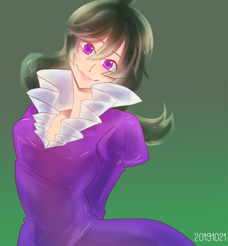 1girl ahoge blush breasts cyborg cyborg_009 dress green_background green_hair hair_between_eyes long_hair looking_at_viewer madame_(cyborg_009) purple_dress purple_eyes s01huu simple_background smile solo upper_body