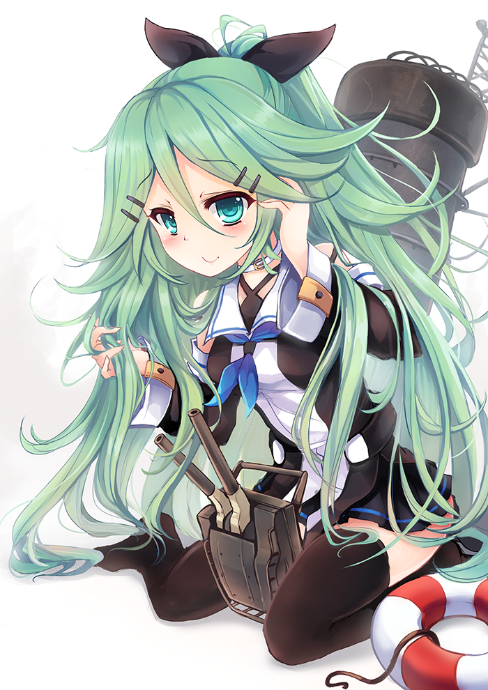 10s 1girl bad_id bad_pixiv_id black_serafuku black_skirt black_thighhighs blue_neckerchief blush detached_sleeves female_focus goushou green_hair hair_between_eyes hair_ornament hair_ribbon hairclip innertube kantai_collection long_hair neckerchief pleated_skirt ponytail ribbon school_uniform serafuku sitting skirt solo swim_ring thighhighs wariza yamakaze_(kancolle) zettai_ryouiki