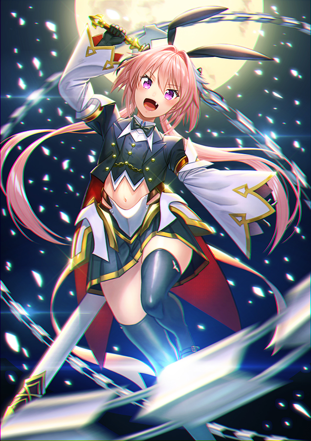1boy animal_ears astolfo_(fate) astolfo_(saber)_(fate) astolfo_(saber)_(second_ascension)_(fate) black_bow black_bowtie black_gloves black_thighhighs bow bowtie detached_sleeves fake_animal_ears fang fate/grand_order fate_(series) full_moon gleam gloves gold_trim hair_bow hair_intakes holding holding_behind_back holding_sword holding_sword_behind_back holding_weapon holding_weapon_behind_back light_particles long_hair male_focus midriff moon multicolored_hair navel open_mouth pink_hair purple_eyes rabbit_ears red_ribbon ribbon skin_fang smile solo streaked_hair sword thighhighs trap twintails two-tone_hair unowen very_long_hair weapon whip_sword white_hair white_streaks wide_sleeves wing_collar