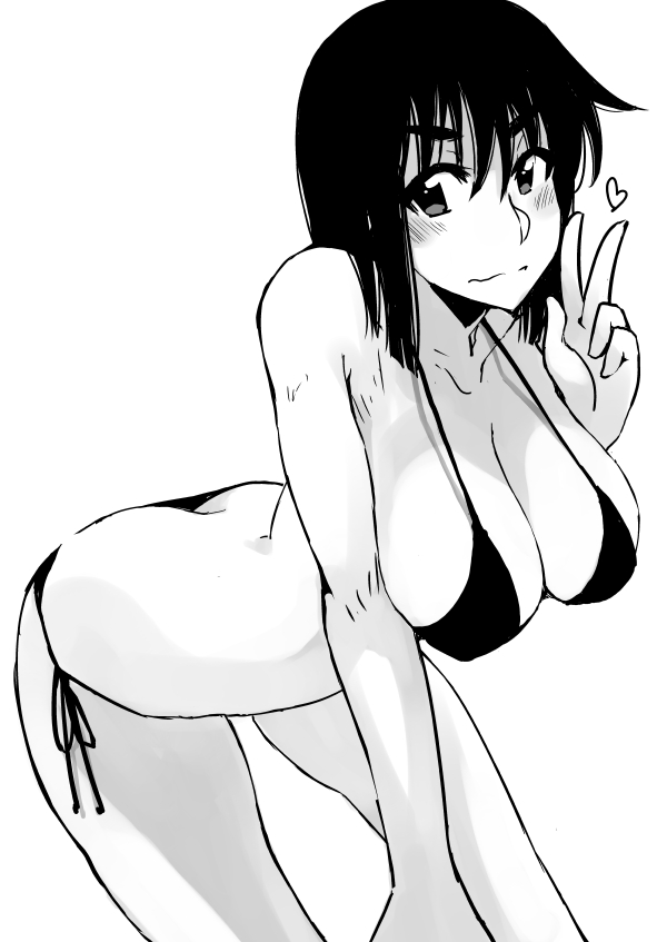 00s 1girl ass bare_shoulders bent_over bikini blush breasts butt_crack cosaten downpants dutch_angle female_focus greyscale hanging_breasts heart huge_breasts looking_at_viewer monochrome school_rumble side-tie_bikini_bottom solo strap_gap suou_mikoto_(school_rumble) swimsuit v wavy_mouth