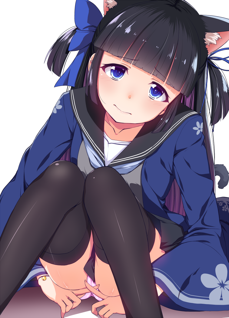 1girl animal_ears azur_lane bell black_hair black_sailor_collar black_skirt black_thighhighs blue_bow blue_eyes blue_ribbon blunt_bangs blush bow cat_ears cat_girl cat_tail closed_mouth collarbone commentary_request crossed_fingers female_focus fingernails grey_shirt hair_bow hair_ribbon hatsuharu_(azur_lane) head_tilt jingle_bell long_sleeves natsumi_akira panties pink_panties ribbon sailor_collar school_uniform serafuku shirt simple_background sitting skirt solo tail thighhighs two_side_up underwear white_background wide_sleeves x_fingers