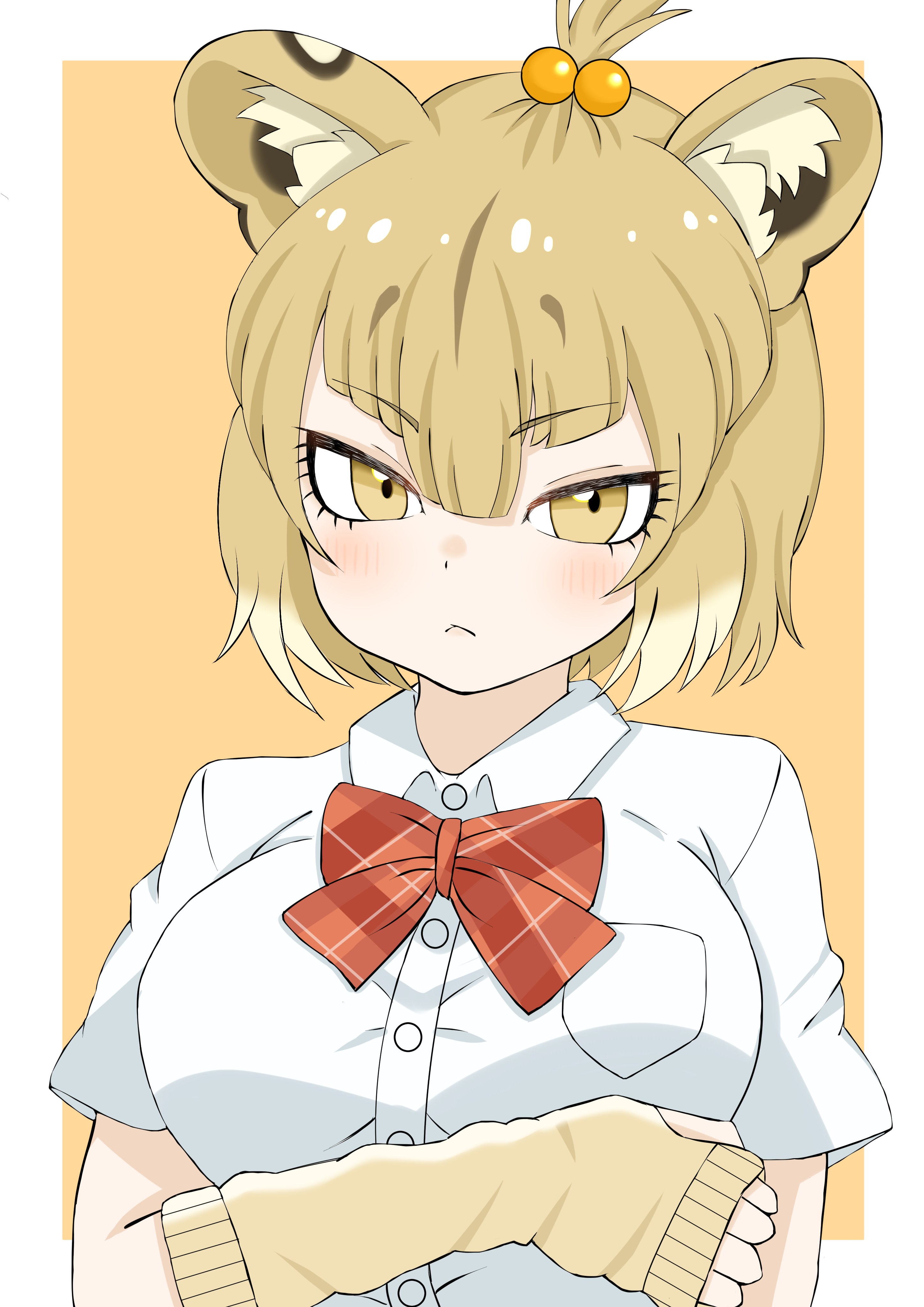 1girl :&lt; absurdres animal_ears blonde_hair blush bow bowtie collared_shirt detached_sleeves hair_between_eyes hair_tie highres inucha_tea kemono_friends kemono_friends_3 lion_ears lion_girl masai_lion_(kemono_friends) multicolored_hair plaid_bow plaid_bowtie plaid_clothes red_bow red_bowtie school_uniform shirt short_hair short_sleeves sidelocks sleeves_past_wrists solo t-shirt thumb_hole_sleeves upper_body white_hair white_shirt yellow_eyes yellow_sleeves