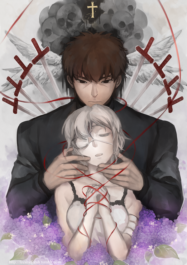 1boy 1girl black_keys_(type-moon) brown_hair claudia_hortensia couple cross cross_necklace eyepatch fate/zero fate_(series) feesh flower hetero husband_and_wife hydrangea jewelry kotomine_kirei kotomine_kirei_(fate/zero) necklace short_hair skull string string_of_fate white_hair