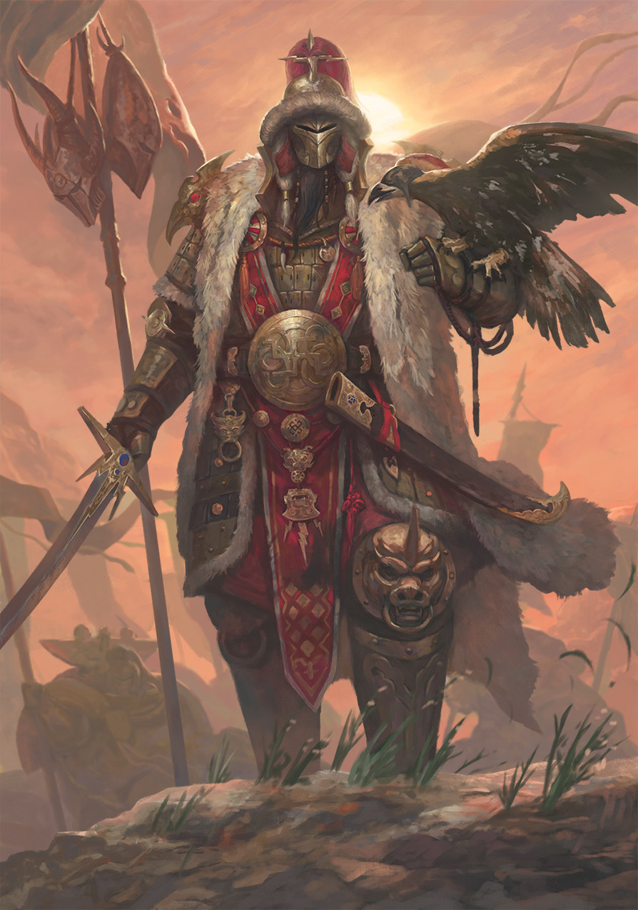 adeptus_astartes ancient_mongolian_armor animal armor banner beard belt_buckle bird black_hair blade_of_grass breastplate buckle closed_mouth commentary couter cuirass eagle english_commentary facial_hair falconry_hood faulds feet_out_of_frame flying_grass full_armor fur-trimmed_armor fur-trimmed_headwear fur_trim gauntlets gold_armor grass helm helmet highres holding holding_banner holding_sword holding_weapon jaghatai_khan jewelry kheljay leather_armor leg_armor lightning_bolt_symbol long_beard male_focus necklace on_ground on_rock ornate_armor outdoors overcast pauldrons pelvic_curtain photoshop_(medium) plant plume poleyn power_armor primarch red_ribbon rerebrace ribbon rock scabbard sheath shoulder_armor sky solo_focus standing straight-on sun sword tabard tied_beard tooth_necklace topknot warhammer_40k weapon white_scars white_tiger_dao wildfire_panoply