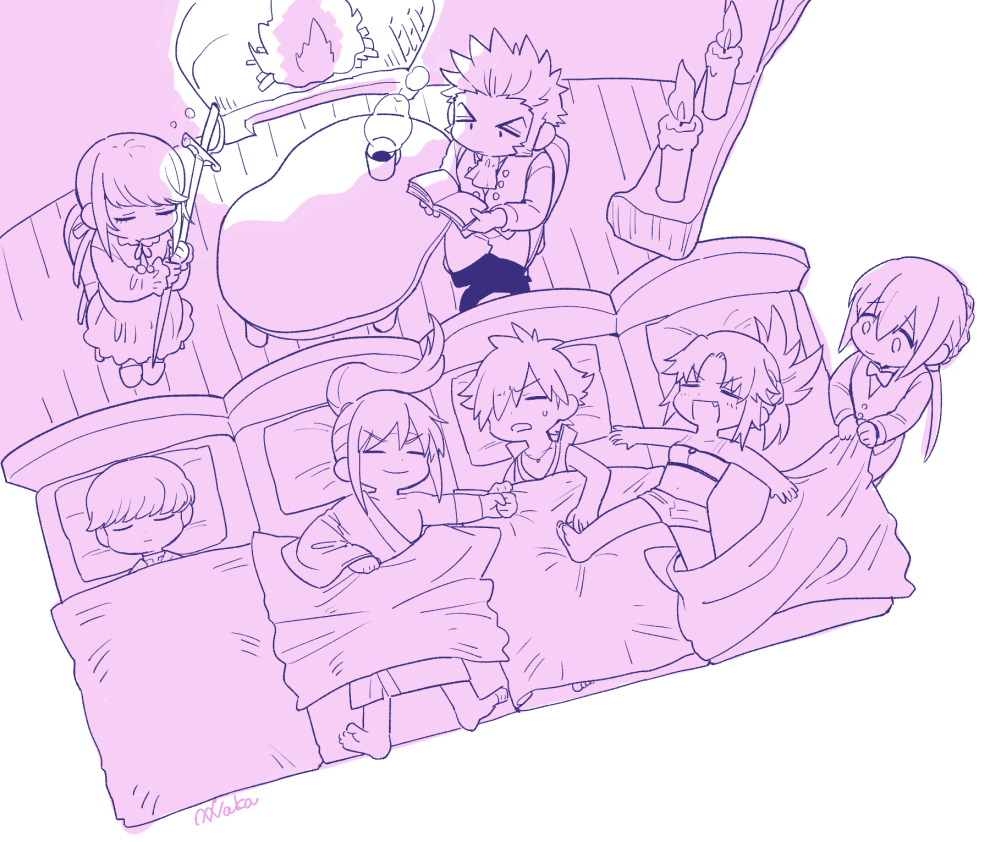 1girl 6+boys ascot bedivere_(fate) bedroom blank_eyes blanket blue_eyes book brown_hair candle character_request chevalier_d&#039;eon_(fate) chibi cleaning coffee_mug cup facial_hair fang fang_out fate/grand_order fate_(series) from_above goatee holding holding_book holding_hands long_sideburns male_focus mordred_(fate) mordred_(memories_at_trifas)_(fate) mug multiple_boys napoleon_bonaparte_(fate) ponytail reading robin_hood_(fate) shitappa short_hair sideburns sidelocks sleeping smile sweatdrop tawara_touta_(fate) watanabe_no_tsuna_(fate)