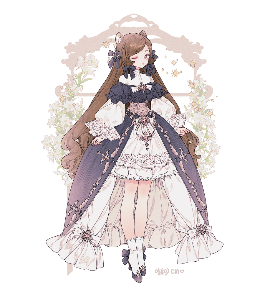 1girl animal_ear_fluff animal_ears anklet bow brown_hair commentary commission dress floral_background flower frilled_dress frills full_body gold_embroidery grey_eyes hair_bow hair_ribbon jewelry lemon89h long_hair long_sleeves looking_at_viewer one_eye_closed original puffy_long_sleeves puffy_sleeves ribbon ribbon_earrings rococo_movement shoes sleeves_past_wrists solo standing very_long_hair white_dress