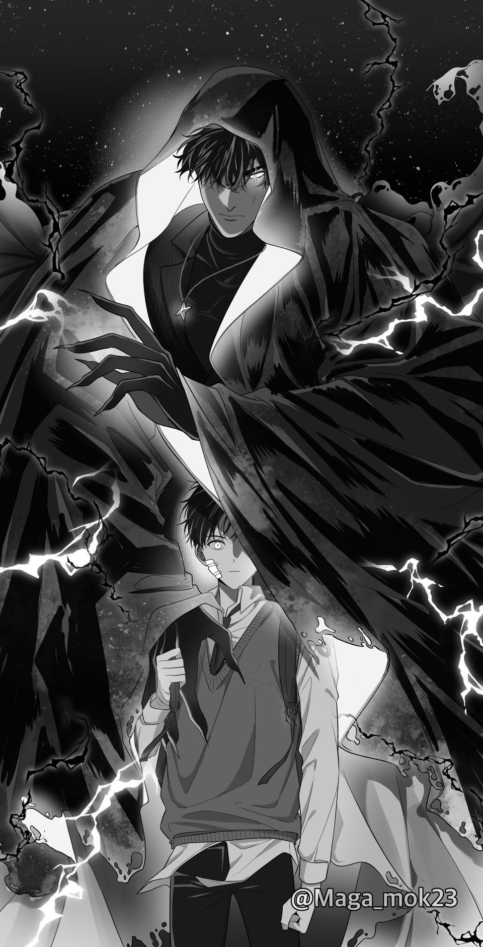 2boys black_eyes black_hair black_pants cloak collared_shirt fingernails glowing glowing_eye greyscale highres kim_dokja long_fingernails maga_mok23 monochrome multiple_boys necktie night night_sky oldest_dream omniscient_reader&#039;s_viewpoint pants scar scar_on_face school_uniform secretive_plotter sharp_fingernails shirt short_hair sky sweater_vest turtleneck yoo_joonghyuk