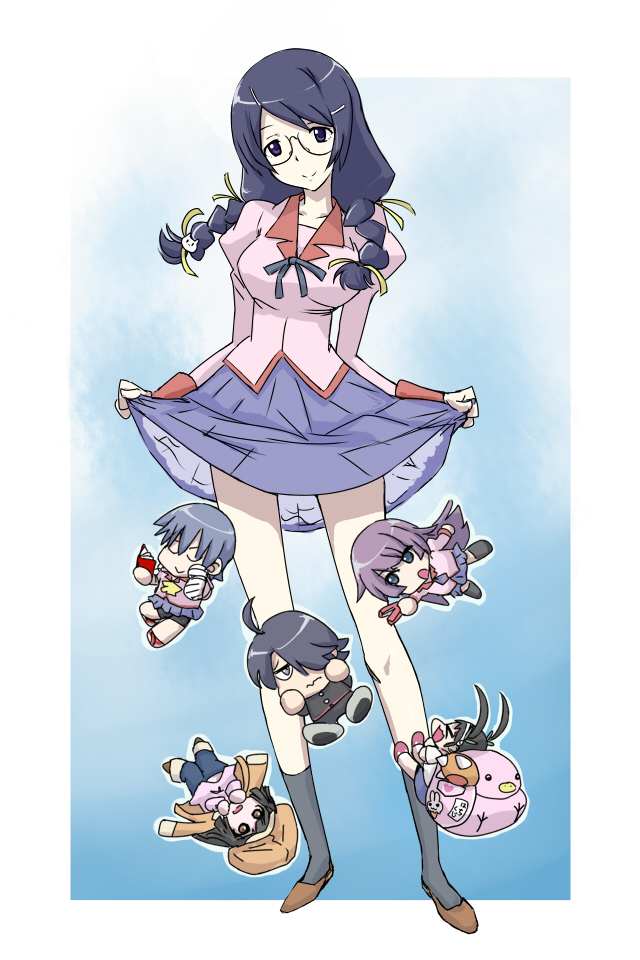 10s 1boy 5girls araragi_koyomi bakemonogatari black_hair blue_eyes chibi clothes_lift glasses gohandesu_yo hachikuji_mayoi hanekawa_tsubasa juliet_sleeves kanbaru_suruga legs lifting_own_clothes long_hair long_legs long_sleeves monogatari_(series) multiple_girls nekomonogatari puffy_sleeves school_uniform sengoku_nadeko senjougahara_hitagi senjougahara_pose shirt_lift skirt skirt_lift