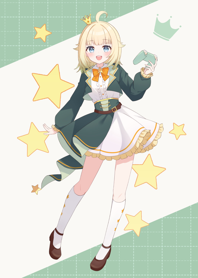 1girl ahoge belt blonde_hair blue_eyes blush bow bowtie brown_belt brown_shoes character_request controller crown crown_print frilled_skirt frilled_sleeves frills full_body furutori game_controller green_background green_jacket hair_flaps holding holding_controller holding_game_controller indie_virtual_youtuber jacket kneehighs long_sleeves looking_at_viewer mary_janes medium_hair mini_crown open_clothes open_jacket open_mouth orange_bow orange_bowtie shirt shoes simple_background skirt smile socks solo star_(symbol) teeth two-tone_background upper_teeth_only virtual_youtuber white_background white_shirt white_skirt white_socks