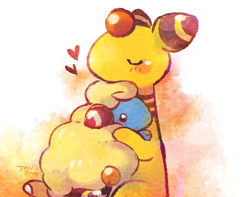 ampharos artist_name black_eyes blush closed_eyes colored_skin evolutionary_line forehead_jewel gen_2_pokemon heart hug mareep nintendo no_humans pokemon pokemon_(creature) signature sitting tansho wool yellow_skin