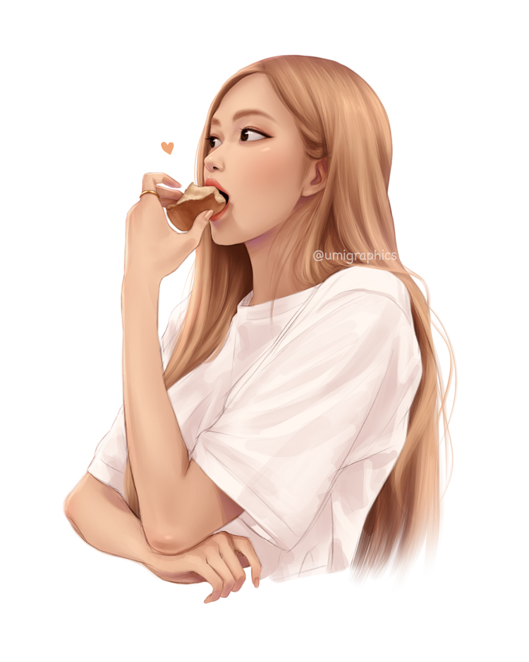 1girl blackpink blonde_hair brown_eyes cropped_torso eating hair_behind_ear heart jewelry k-pop lips long_hair profile real_life ring rose_(blackpink) solo umigraphics upper_body white_background