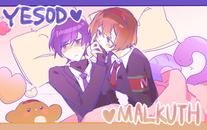1boy 1girl black_gloves black_jacket black_sweater blush brown_eyes brown_hair character_name collared_shirt gloves hairband jacket just_malcute lobotomy_corporation long_sleeves looking_to_the_side malkuth_(project_moon) necktie project_moon purple_hair purple_necktie red_hairband red_necktie shirt short_hair stuffed_animal stuffed_bird stuffed_snake stuffed_toy sweater sweater_under_shirt white_shirt yesod_(project_moon)