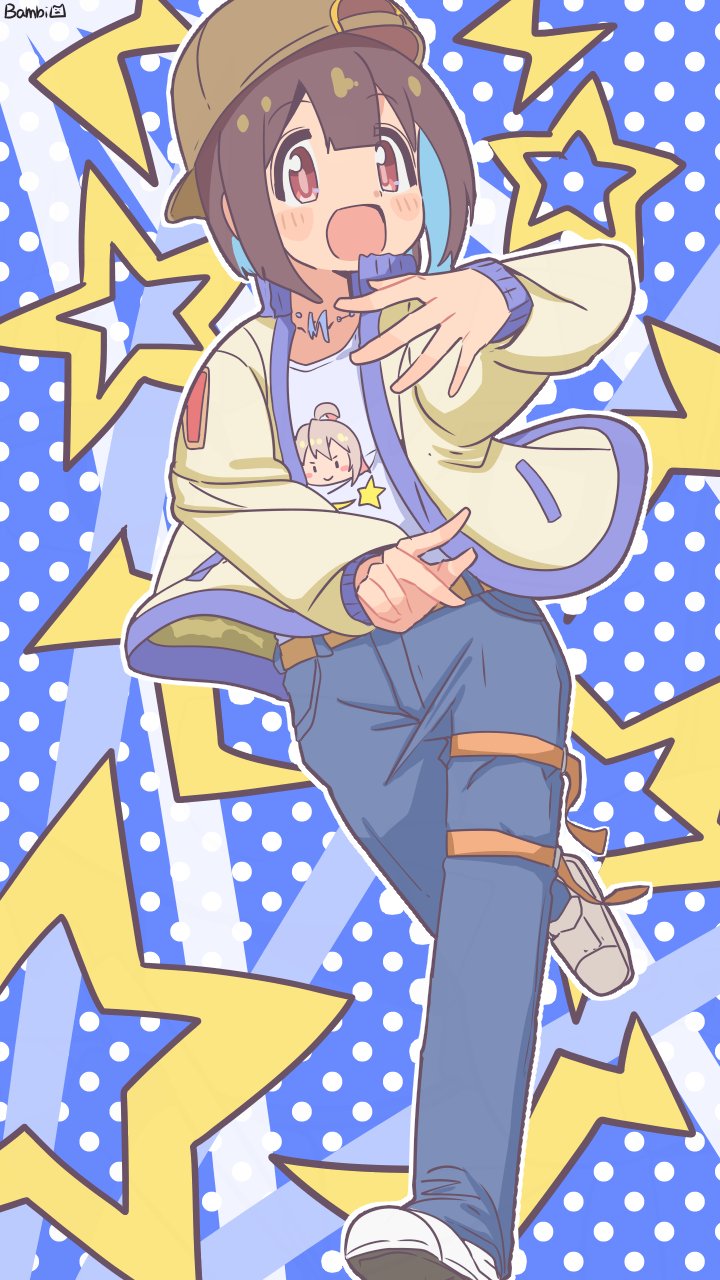 1girl :d alternate_costume artist_name bambi2000line baseball_cap belt black_pants blue_background blue_hair blunt_bangs brown_eyes brown_hair brown_hat character_print colored_inner_hair commentary double-parted_bangs hat highres hozuki_momiji jacket jewelry long_sleeves looking_at_viewer multicolored_hair necklace onii-chan_wa_oshimai! open_mouth outline oyama_mahiro pants polka_dot polka_dot_background ponytail shirt shoes short_hair short_ponytail smile solo star_(symbol) two-tone_hair white_outline white_shirt white_shoes yellow_jacket