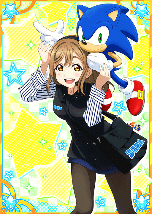 1girl bag bag_charm black_bag black_pantyhose black_shirt black_skirt blush border breasts brown_hair card_(medium) carrying character_charm charm_(object) crossover feet_out_of_frame finger_gun hands_up headset kunikida_hanamaru layered_skirt leaning_forward long_sleeves looking_at_viewer love_live! love_live!_school_idol_festival love_live!_sunshine!! medium_breasts medium_hair messenger_bag miniskirt official_art open_mouth ornate_border pantyhose pigeon-toed sega sega_staff_image_girl shirt shoulder_bag skirt smile solo sonic_(series) sonic_the_hedgehog star_(symbol) star_symbol_background striped_clothes striped_shirt teeth upper_teeth_only yellow_background yellow_eyes