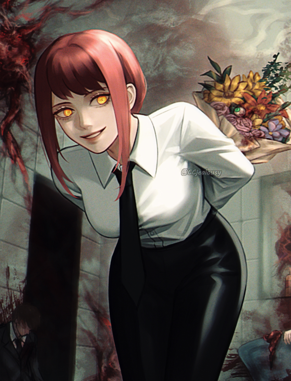 1girl bent_over black_necktie black_pants black_suit blood blood_splatter bouquet breasts chainsaw_man commentary corpse czy_(2894456992) eyeball flower formal_clothes highres holding holding_bouquet makima_(chainsaw_man) medium_breasts necktie pants parted_lips red_hair ringed_eyes rose sidelocks smile solo_focus suit twitter_username yellow_eyes