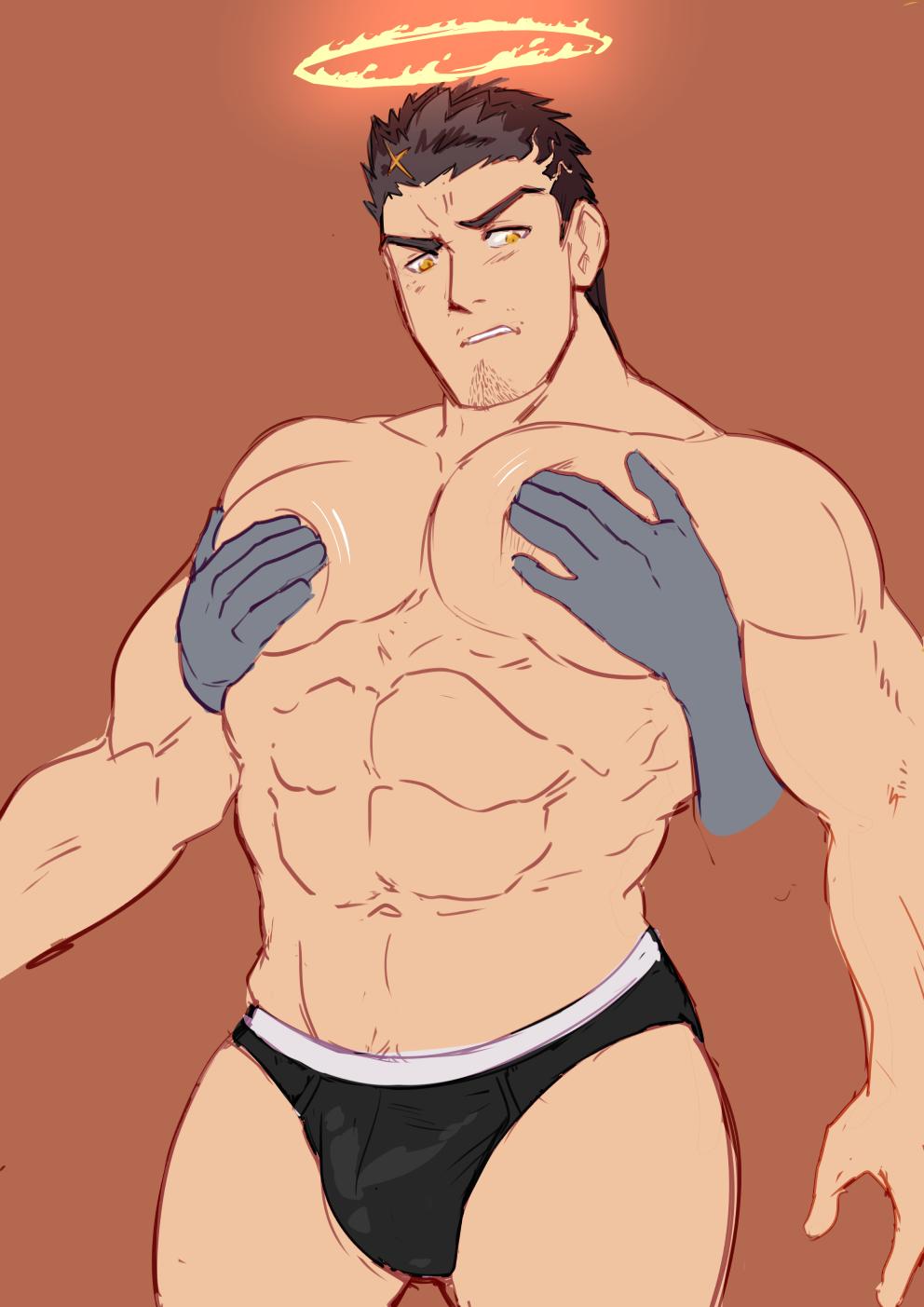 1boy abs alternate_facial_hair bara black_male_underwear blush bootyelectric_(chocotaurnsfw) briefs bulge disembodied_hand facial_hair feet_out_of_frame goatee groping halo highres large_pectorals male_focus male_underwear mature_male motion_lines muscular muscular_male navel nipples pectoral_grab pectorals short_hair sideburns solo stomach thick_thighs thighs tokyo_houkago_summoners topless_male underwear underwear_only zabaniyya_(housamo)