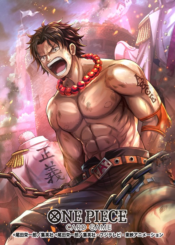 3boys arm_tattoo black_hair black_shorts commentary_request copyright_name elbow_pads embers epaulettes freckles hokuyuu jewelry male_focus monkey_d._garp multiple_boys necklace official_art one_piece one_piece_card_game open_mouth outdoors pearl_necklace portgas_d._ace sengoku_(one_piece) short_hair shorts shouting single_elbow_pad smoke tattoo topless_male white_hair