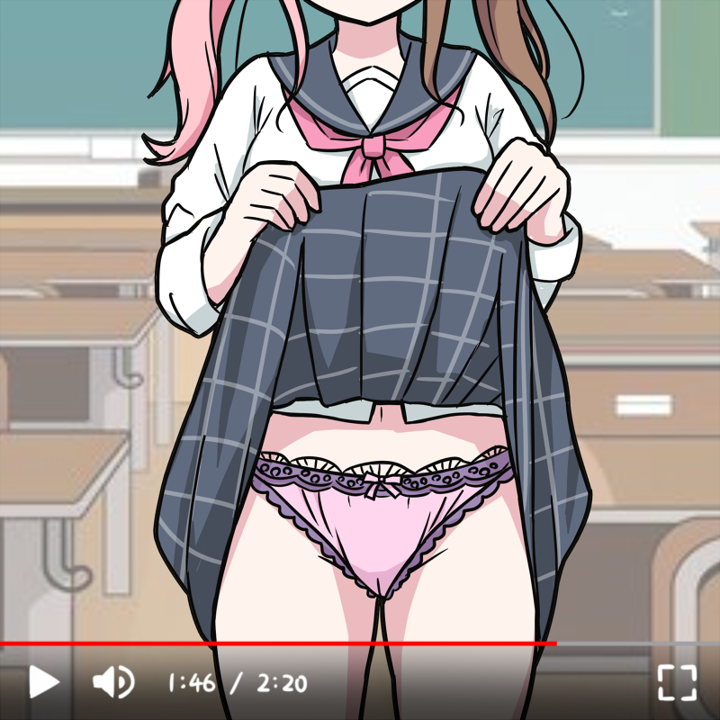 bow bowtie brown_hair cameltoe classroom clothes_lift commentary fake_play_button fake_video frilled_panties frills head_out_of_frame indie_virtual_youtuber indoors lifting_own_clothes multicolored_hair panties pink_hair pink_panties plaid_clothes plaid_skirt progress_bar sailor_collar school_uniform serafuku skirt skirt_lift solo teremi teremi_(vtuber) thighs underwear virtual_youtuber