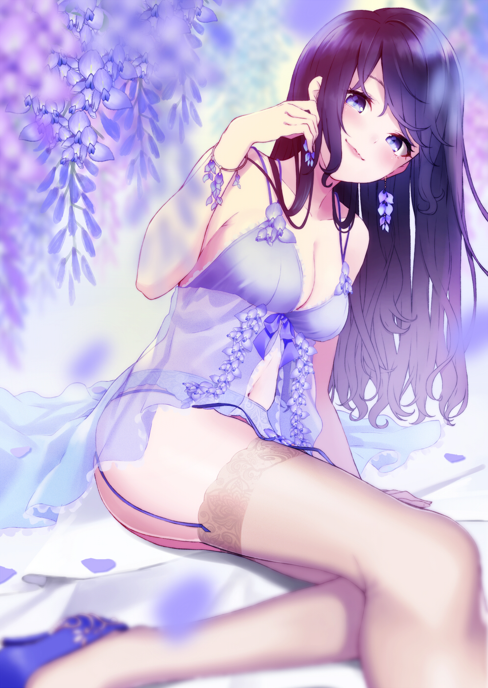 1girl arm_support babydoll blue_eyes blurry blush bracelet breasts collarbone depth_of_field earrings female_focus flower frilled_babydoll frills garter_belt hand_up highres jewelry knees_together_feet_apart lace lace-trimmed_legwear lace_trim lingerie lips long_hair looking_at_viewer medium_breasts navel original purple_babydoll reclining retsuna see-through_clothes shoes sidelocks skindentation smile solo thighhighs underwear wisteria