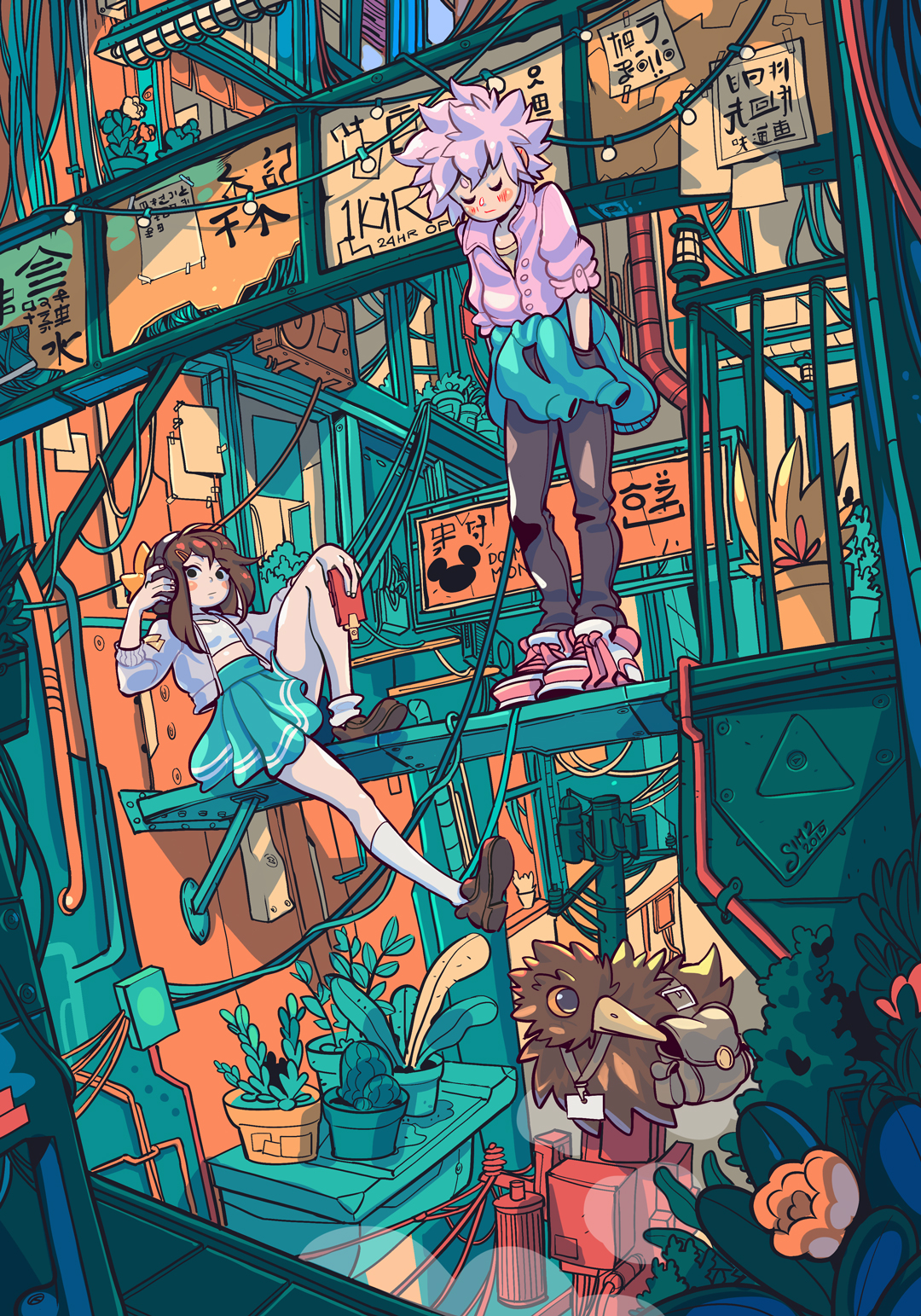 1boy 1girl adjusting_headphones aqua_skirt aqua_sweater artist_name balcony bird black_pants blush brown_hair brown_shoes building city cityscape closed_eyes closed_mouth clothes_around_waist commentary condenser_unit crop_top dated drainpipe flower fluorescent_lamp grey_headphones hand_on_own_knee hands_in_pockets high_up highres holding holding_phone jacket kiwi_(bird) knee_up lamp medium_hair multicolored_jacket multicolored_shoes orange_flower original outdoors pants phone pink_hair pink_shirt pink_shoes plant pleated_skirt potted_plant power_lines railing red_flower shirt shoes short_hair sign simz sitting skirt socks standing string_of_light_bulbs sweater sweater_around_waist transformer two-tone_shoes utility_pole white_shirt white_shoes white_socks