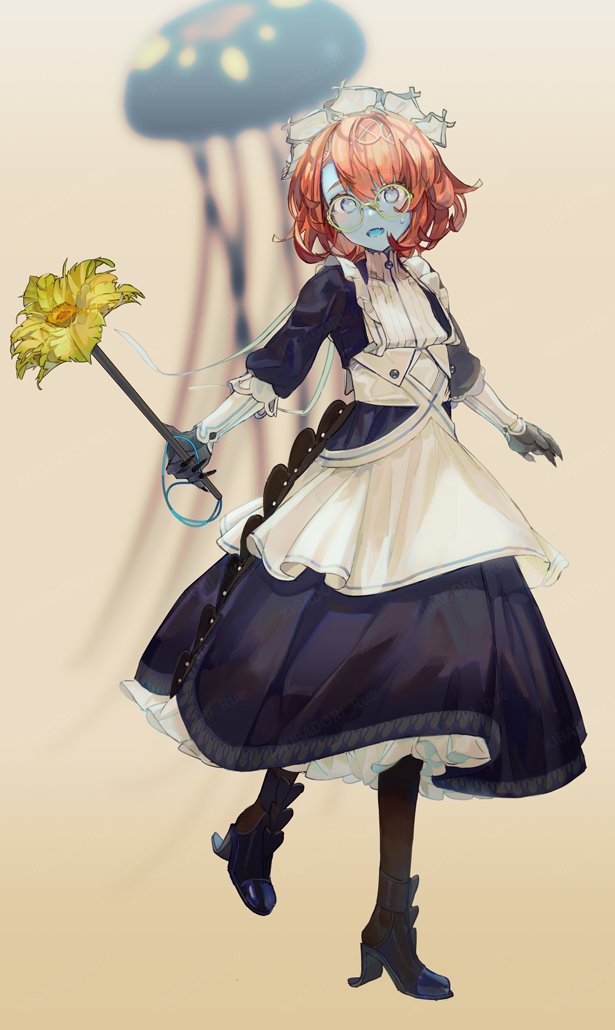 1girl apron black_boots black_dress black_gloves black_pantyhose blue_skin blue_tongue boots colored_skin colored_tongue dress duster fang fate/grand_order fate_(series) feather_duster full_body glasses gloves green-framed_eyewear jellyfish kibadori_rue maid_headdress open_mouth orange_hair pantyhose red_hair simple_background solo sweat van_gogh_(fate) van_gogh_(second_ascension)_(fate) white_apron